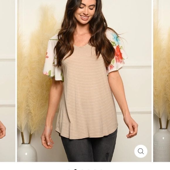 𝅺WOMEN'S STRIPES WITH FLORAL RUFFLE SHORT SLEEVES - Picture 2 of 3